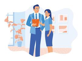 Two businessmen working in a modern office. Using digital tablets and discussing during meetings. Office work concept. vector