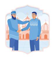 Two Muslim men standing in front of the mosque. Greet each other and shake hands. Ramadan Kareem concept. vector