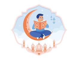 Boy sitting on the crescent moon. Learn to read the Koran. Ramadan Kareem concept. vector