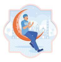 Muslim man praying. Sitting on the crescent moon with a mosque in the background. Ramadan Kareem concept. vector