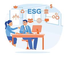 Two entrepreneurs analyze ESG data. Environmental social governance policies with business. ESG concept. Flat illustration. vector