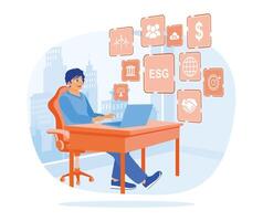 Businessman analyzes ESG data using computers. Environmental and social governance with business. ESG concept. Flat illustration. vector