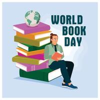 Man is reading a book. Stack of books and globe. World Book Day concept. Flat illustration. vector