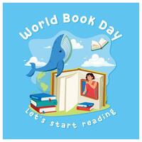 A girl waving through a windowed book at a flying whale. Reading increases imagination. World Book Day concept. Flat illustration. vector