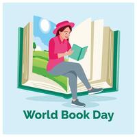 A girl reads a fantasy book with a large book in the background. Let's start reading. World Book Day concept. Flat illustration. vector