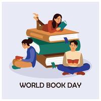 Stack of books for World Book Day. People are reading books. World Book Day concept. Flat illustration. vector