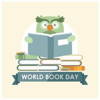 Owl reading a book. Stack of books for World Book Day. World Book Day concept. Flat illustration. vector
