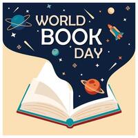 Open book with astronomy icons. Reading increases imagination. World Book Day concept. Flat illustration. vector