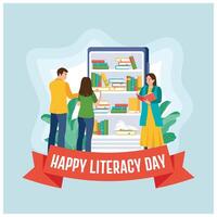 People read books in the digital library. Smartphone with various books. Happy Literacy Day concept. Flat illustration. vector