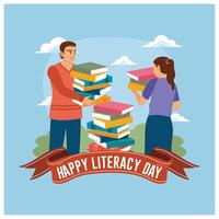 Boy and girl with a stack of books. Read books to increase knowledge. Happy Literacy Day concept. Flat illustration. vector