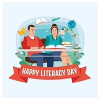A boy and a girl are reading a book. Reading books increases insight and knowledge. Happy Literacy Day concept. Flat illustration. vector