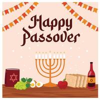 Happy Easter with vegetables, scriptures, and drinks. Joyful Easter celebration. Passover Day concept. Flat illustration. vector