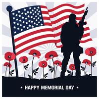 A soldier with red poppies and an American flag. Commemorating the services of heroes. Memorial Day concept. Flat illustration. vector
