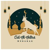 Happy Eid al-Adha greeting card with the silhouette of a sacrificial lamb. Mosque with crescent moon and lantern. Eid Al Adha concept. Flat illustration. vector