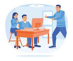 Coworkers celebrating success in the office. Work partners smiling happily in front of the computer. Colleagues rejoicing success concept. Flat illustration. vector