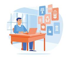 Entrepreneurs use computers to analyze ESG data. Sustainability business investment strategy. ESG concept. Flat illustration. vector