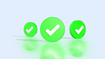 3D Check Mark Icons on a Reflective Floor. Tick Mark 3D Animation. Approved. 4K video