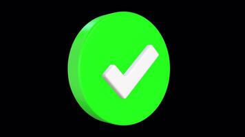 Check Mark 3D Icon Rotating on a Transparent Background. Seamless Loop. Tick. 4K video