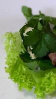 spring rolls making process step by step Spring roll with chicken or shrimps in rice paper with sweet and sour sauce close-up, cooking traditional korean chinese food. Tasty vietnamese cuisine. video