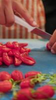 Chef Prepares The Line In The Kitchen By Cutting Seasonal Red Tomatoes video