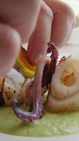 Chef Is Plating A Second Course Of Fish Food On A Green Sauce Base video