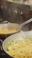 Pan With Pasta Spaghetti Zucchini And Shrimps In The Kitchen Of A Restaurant video