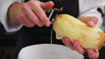 Help Chef Is Peeling Potatoes For Preparing A Side Dish In The Kitchen video