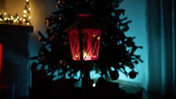 Red Christmas Lantern Rotating In Front Of Silhouette Of The Tree At Night video