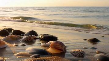 Close Up of Seashells and Pebbles on Wet Sand with Gentle Waves Washing Over video