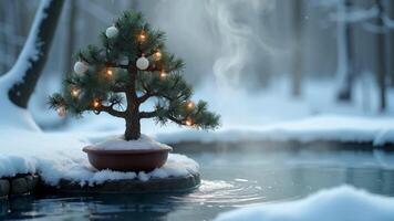 The shows a hot spring surrounded by snow, with a small bonsai tree decorated with miniature ornaments video