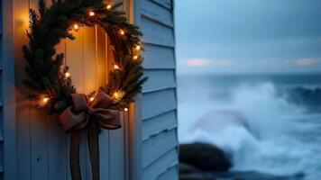 The shows a lit wreath hanging on the door of a lighthouse, with waves crashing against the rocks video