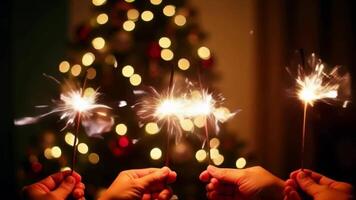The shows a close-up of hands holding sparklers against a blurred background, with a Christmas tree video