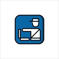 A blue and white icon of a man holding a computer vector