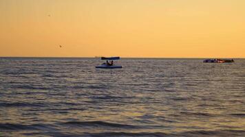Catamaran on sea background at sunset. Men sailing in a blue catamaran on sea in the evening. video