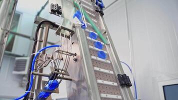 Automatic technology in a dairy factory. Modernized equipment in a plant. Conveyor line rising up with plastic lids for further packaging. Slow motion. video