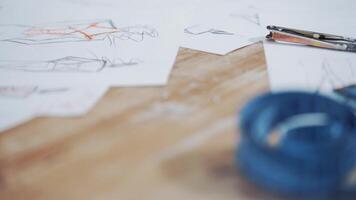 Workplace of a seamstress on the table with some sketches and meter. Creative drawings of a tailor on white papers and a blue tape measure on the wooden background. Close-up. video