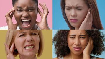 Four women display various emotional reactions to loud noise, showcasing feelings of discomfort and surprise against colorful backgrounds in a bright and lively setting. video