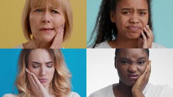 Four people of diverse backgrounds show facial expressions of discomfort while touching their cheeks. Each individual displays unique emotions against brightly colored backgrounds. video