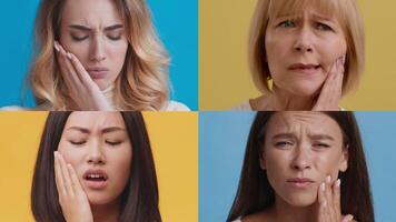 Four people display various expressions of discomfort, each touching their face. The backdrop features bright colors heightening the emotional intensity of the moment. video
