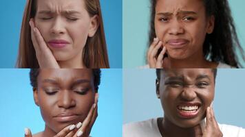 Four women convey different expressions of discomfort while touching their faces. Each has a unique reaction, showcasing a range of emotions on a soft blue background. video
