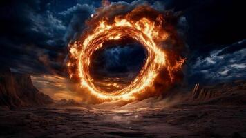 Giant fiery ring hovering over a dramatic desert landscape video