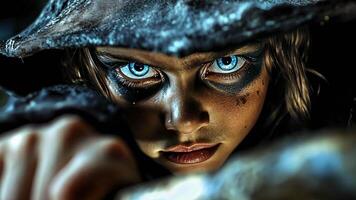 Intense gaze of mysterious character with piercing blue eyes video