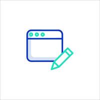 A blue and green icon of a computer screen with a pencil vector