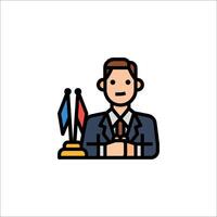 A man in a suit and tie is sitting at a desk with two flags vector