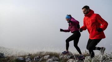 trail running couple man and woman running on a mountain path photo
