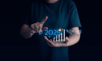 Ai, artificial intelligence trend of new year 2025. Concept of futiristic innovation in digital marketing, business, technology, strategy, target, development plan, performance, information, idea. photo