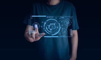 Ai, artificial intelligence technology, futuristic graphical user interface. Wireless technology virtual reality touch screen communication connection. Concept of software robot automated for internet photo