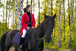 Woman is riding a black horse in a forest photo