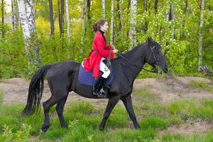 Girl is riding a horse in a forest photo