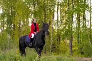 Woman is riding a horse in a forest photo